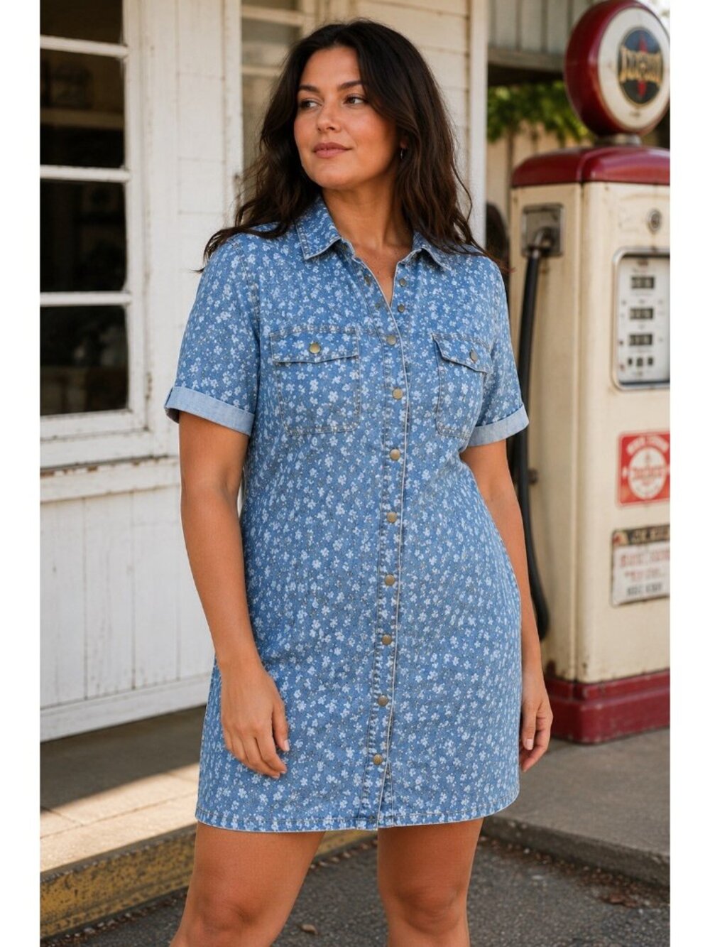 Lulus Renske Denim Dress Sz Large Blue Floral Mini Western Snap Boho Festival
